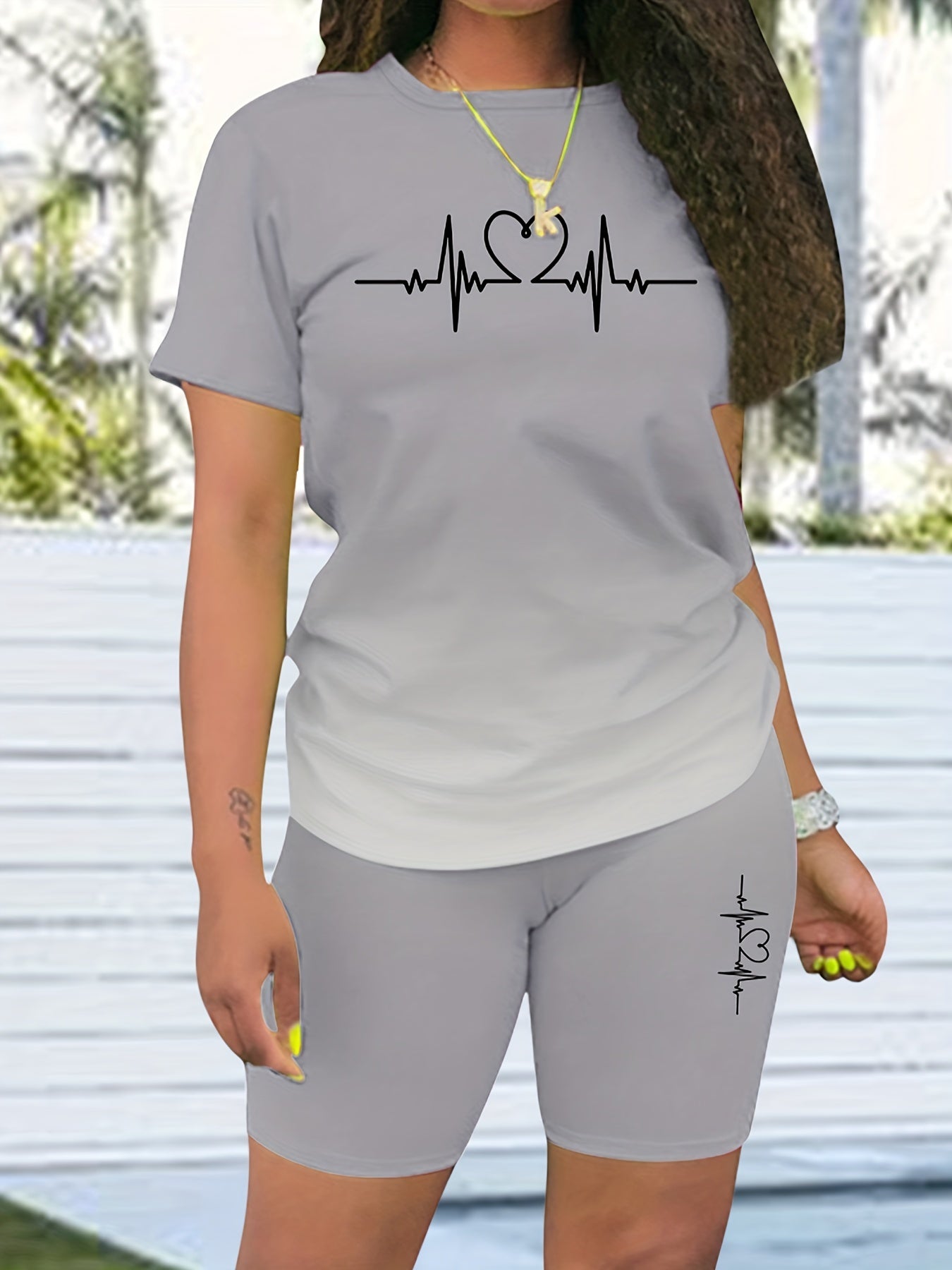 Heart Rate Ombre Two-piece Set Casual T-shirt & Shorts Outfit