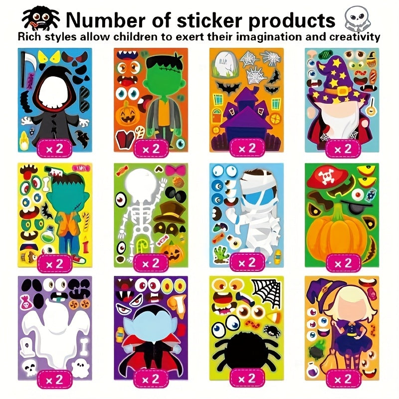 24 Halloween Face Stickers Spooky Pumpkins Ghosts Witches Self Adhesive Paper
