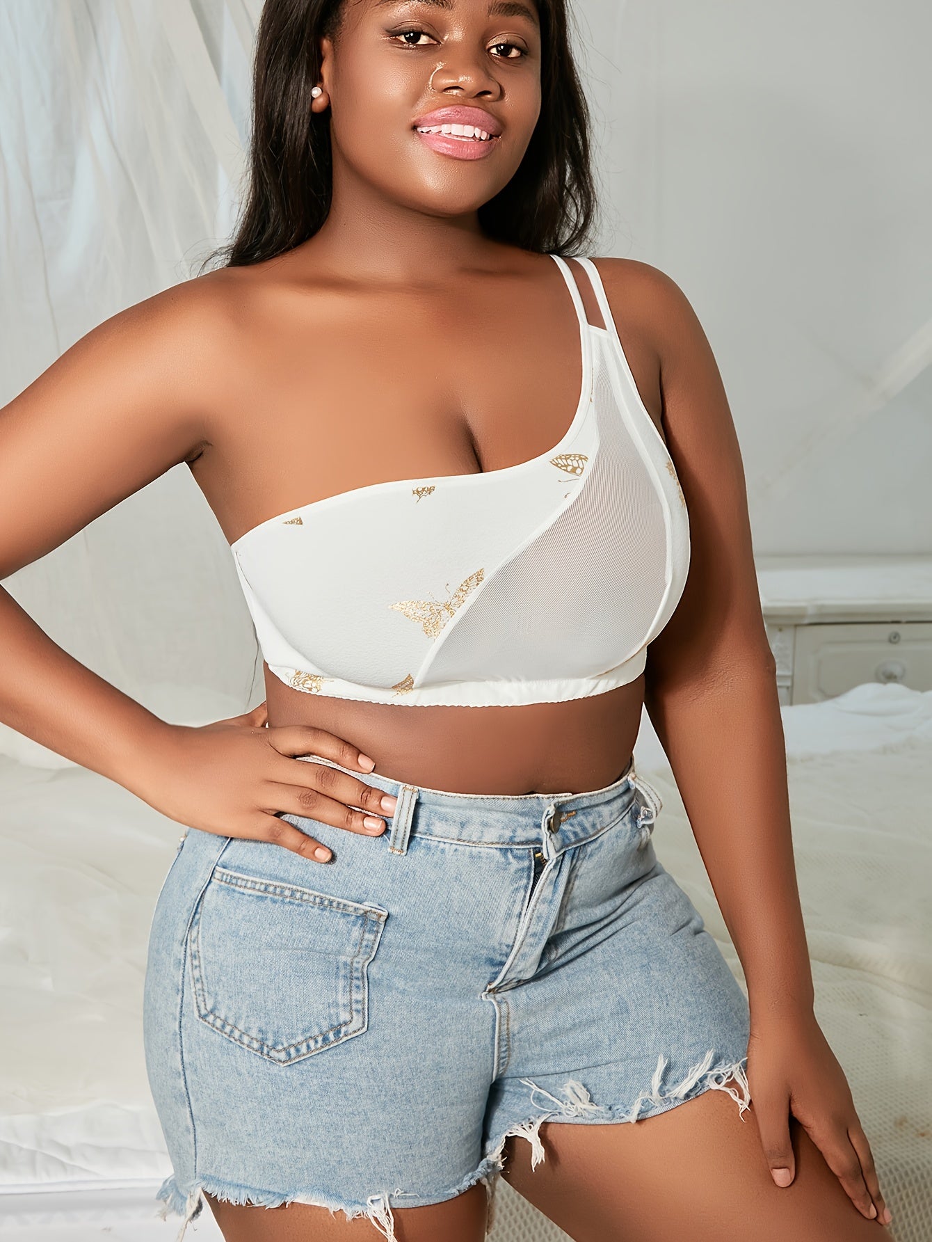  Golden Butterfly Print One Shoulder Bralette