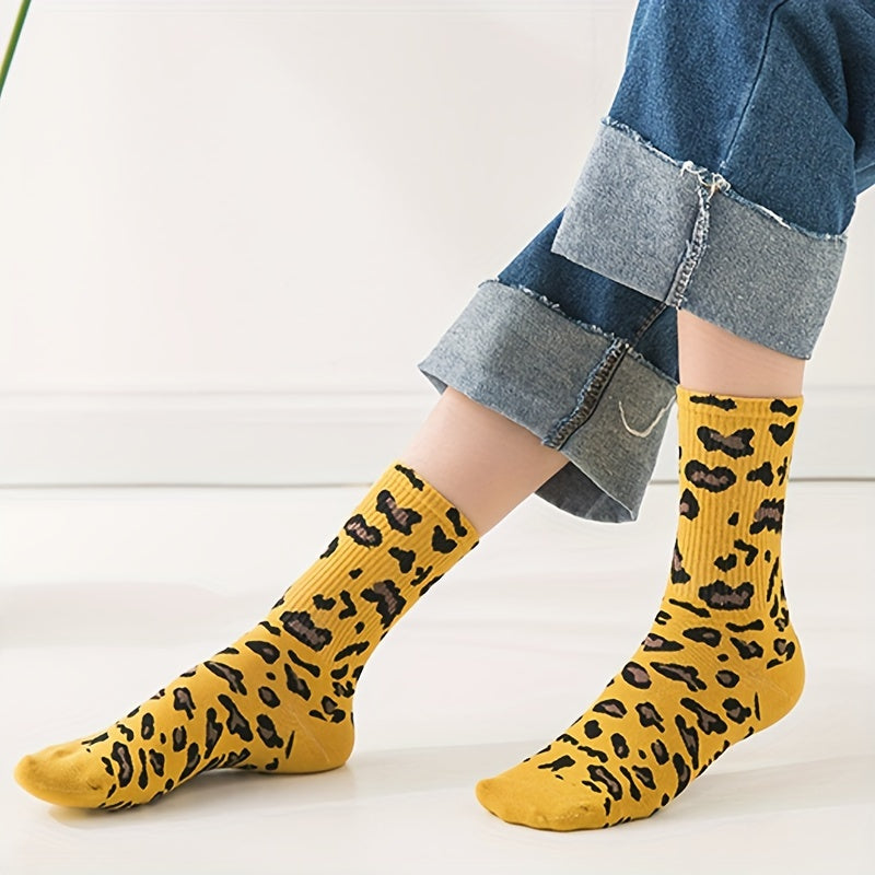 5 Pairs Leopard Print Socks Soft Mid Tube Stockings Women's Hosiery
