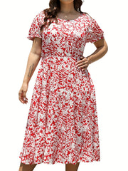  Women's Floral Print Round Neck Midi Smock Dress