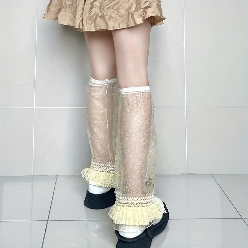 Sheer Ruffle Knee High Socks Lace Mesh Leg Warmers