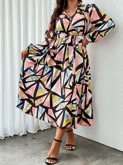  Colorblock Geo Print Long Sleeve Surplice Neck Dress