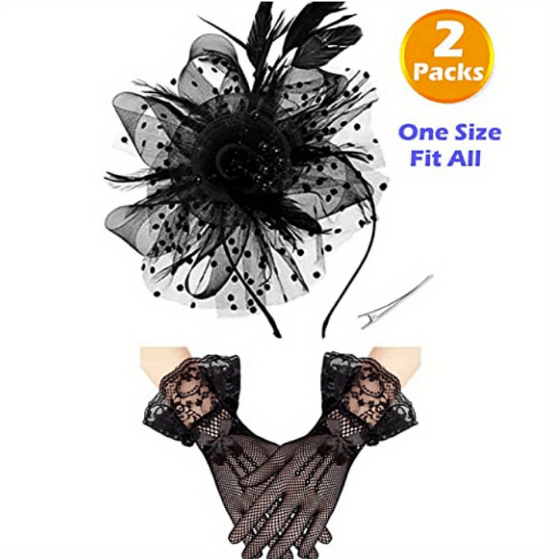 3PCS Fascinators Hat Gloves Sets Feather Flower Pearl Headband Pillbox Veil