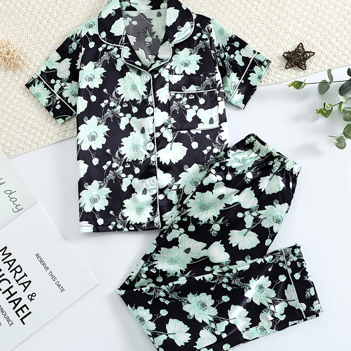 Girls Green Flower Short Sleeve Pajama Set