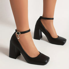 Women's Pig Nose Square Toe Block Heels Work Pumps