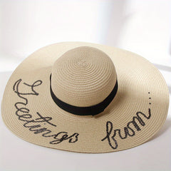 Sequin Letter Embroidery Floppy Straw Hat Wide Brim Travel Beach Hats