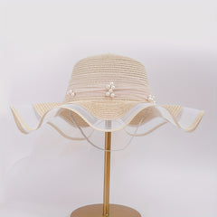 Lace Sun Hat Ribbon Bowknot Faux Pearl Straw Hat