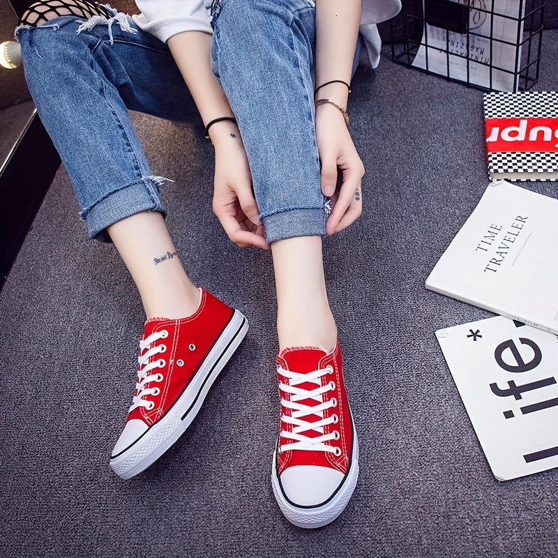 Women's Canvas Lace Up Flat Sneakers Round Toe Casual Walking Shoes