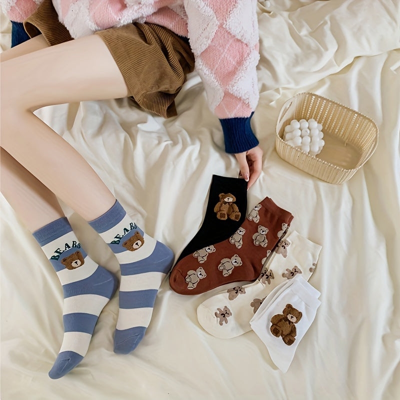 5 Pairs Cartoon Bear Print Socks Comfy & Mid Tube Socks Women's Stockings