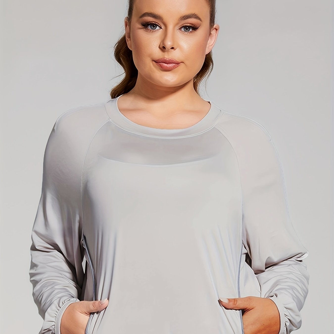 Women's Plus Size Long Sleeve Fitness Top With Pockets