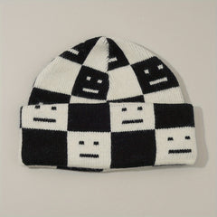 Checkerboard Smiling Beanie Jacquard Wool Knit Hat Unisex Couple Skull Cap