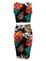 Tropical Print Sleeveless Two-piece Set & Skirt