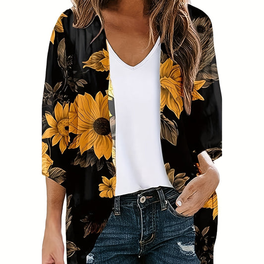  Sunflower Print Open Front Cardigan