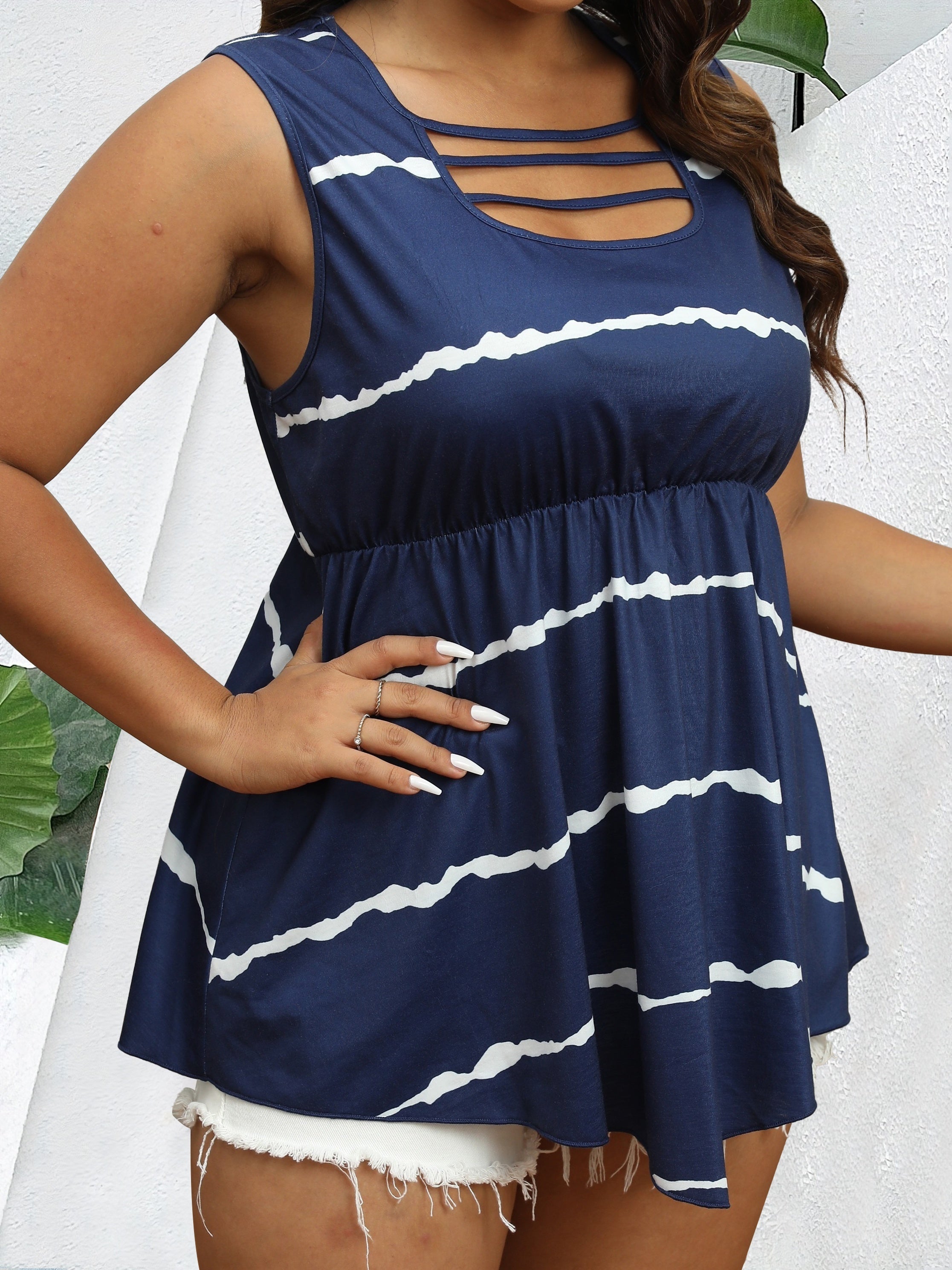  Stripe Print Cut Out Neck Peplum Tank Top