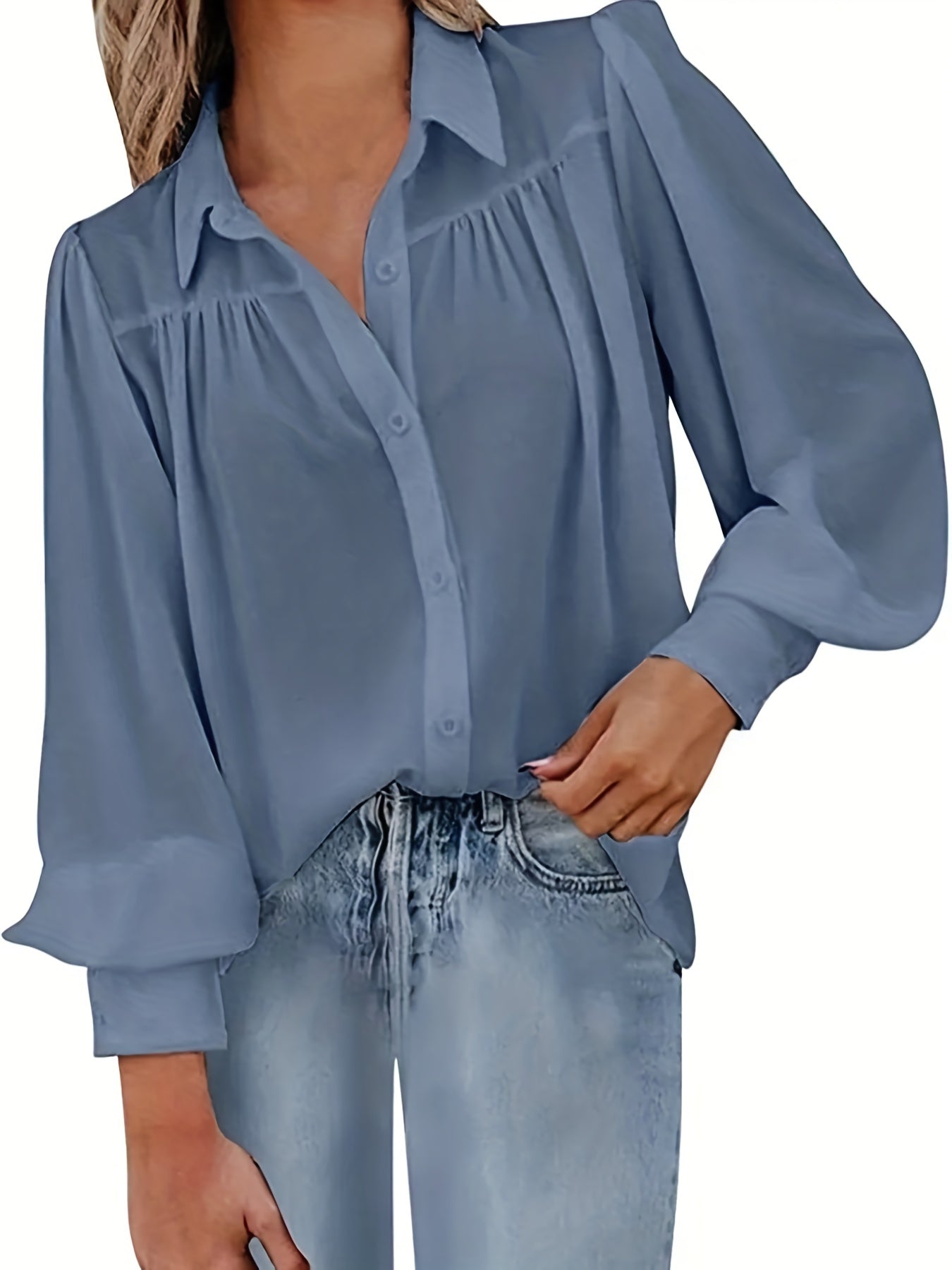  Solid Button Up Lantern Sleeve Blouse
