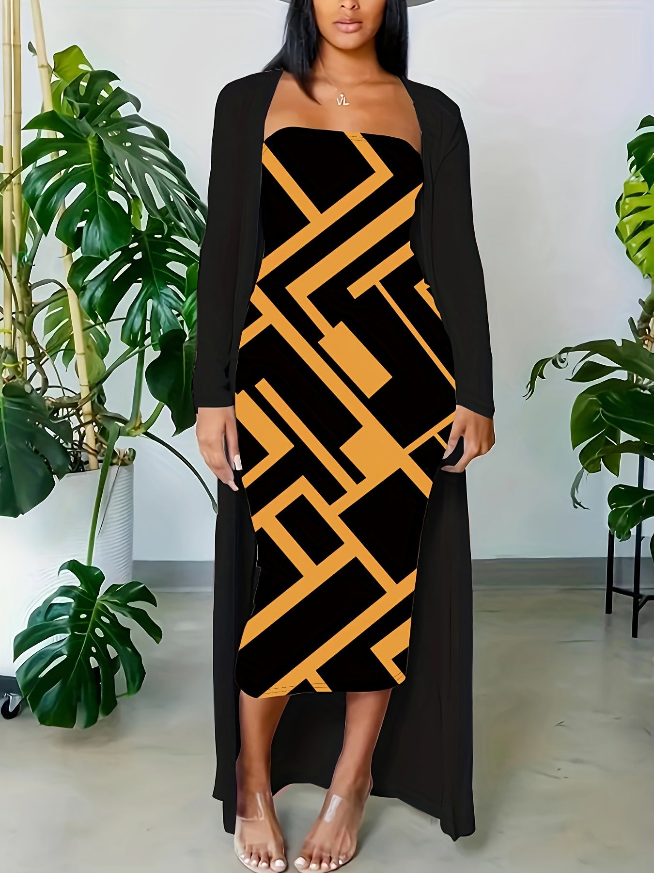 Print Maxi Dress & Long Cardigan Set Plus Size