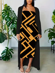 Print Maxi Dress & Long Cardigan Set Plus Size