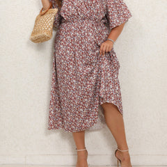  Floral Print Surplice Neck Flutter Dress
