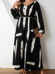  Brush Print Lantern Sleeve Maxi Dress With Belt