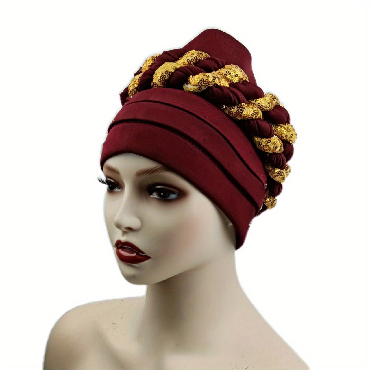 Sequin Braid Turban Cap Pleated Head Wrap Elastic Bonnet Chemo Hats
