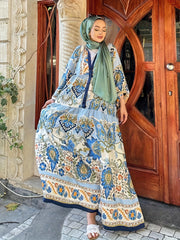  Floral Print Lantern Sleeve Button Up Abaya Dress
