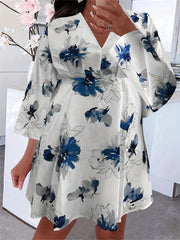  Floral Print V Neck Loose Fit Mini Dress