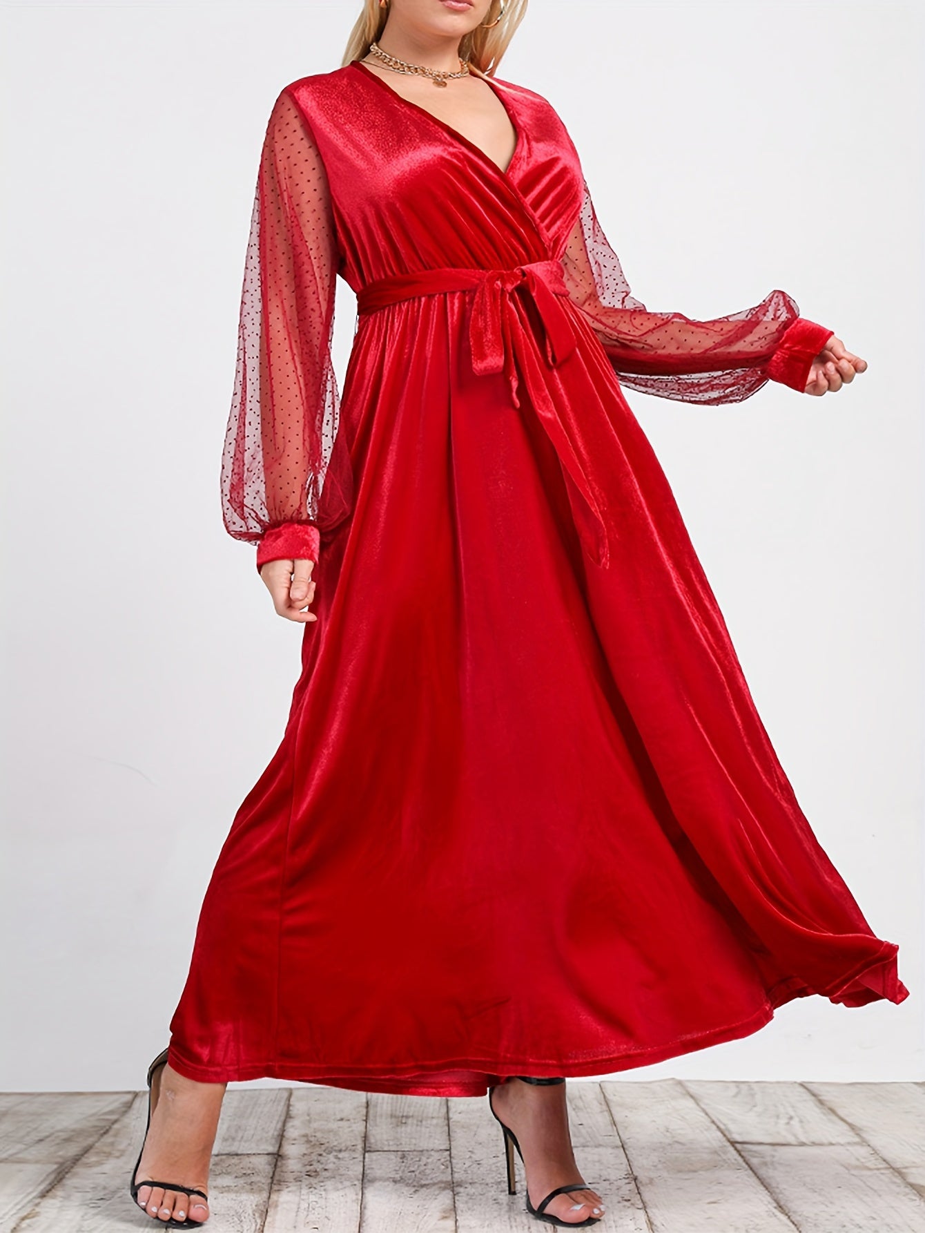  Sexy Dress Women's Solid Mesh Dot Lantern Sleeve Maxi Dress
