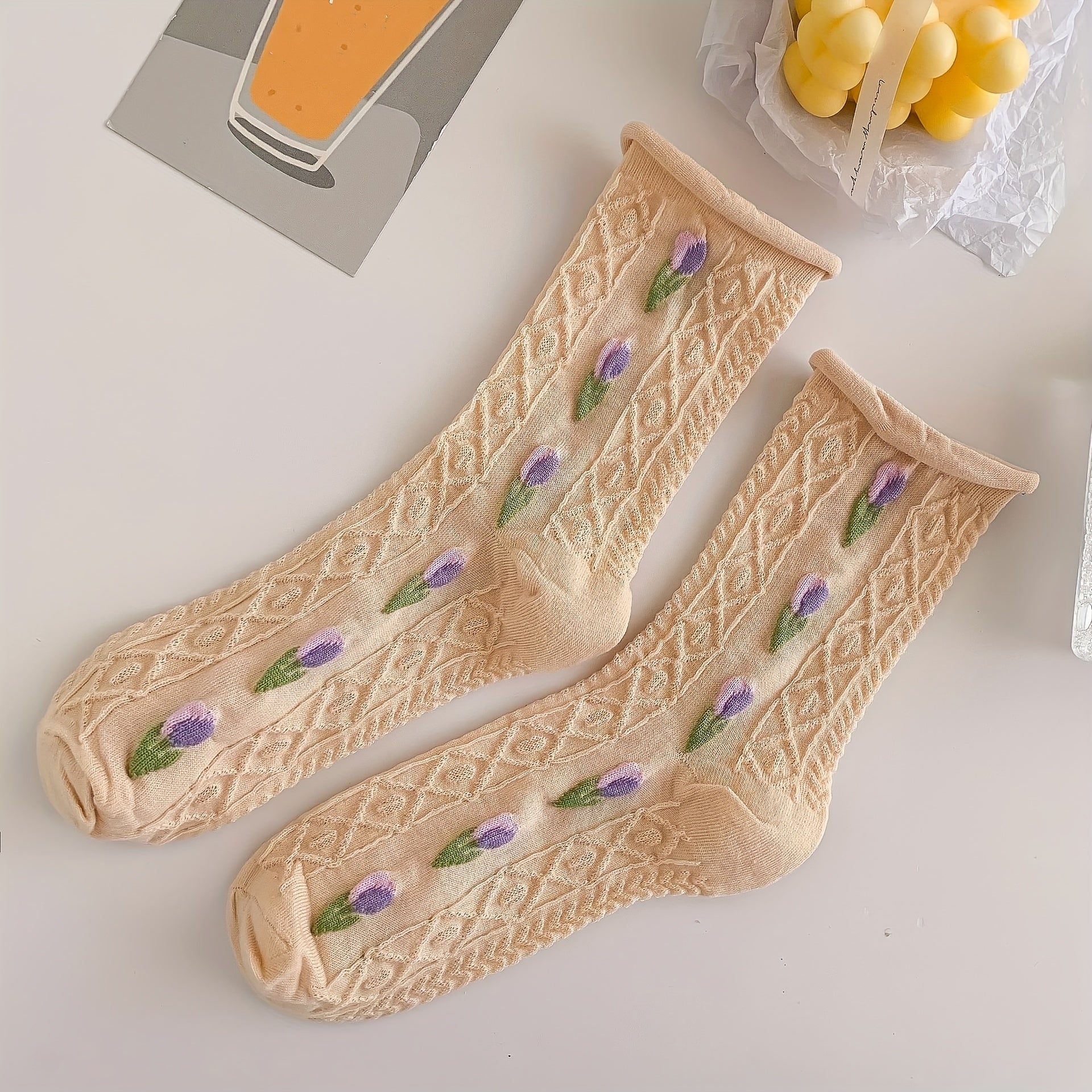 4 Pairs Floral Print Textured Socks Women's Stockings