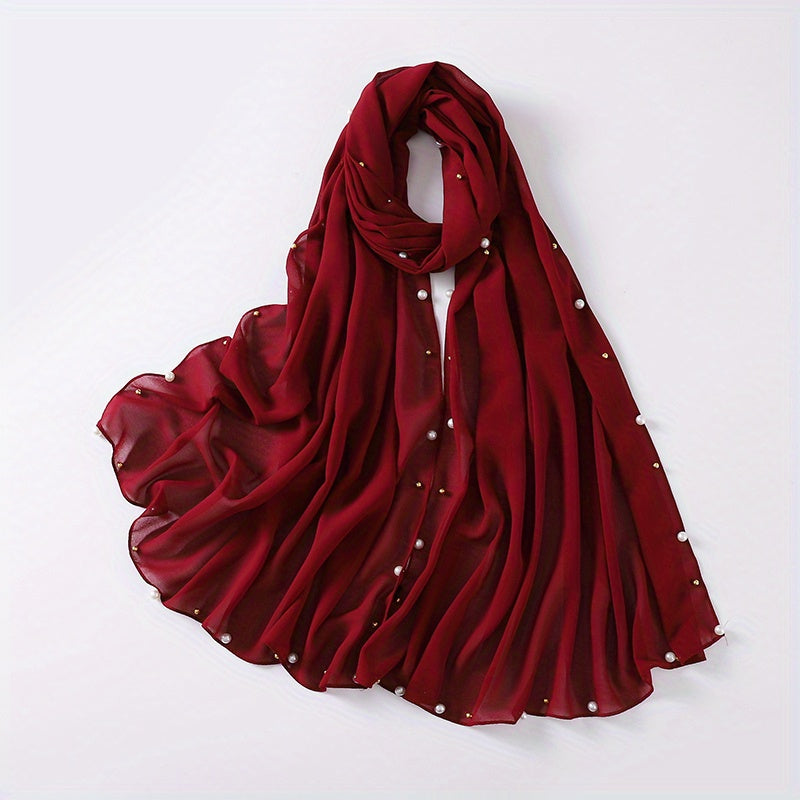 Chiffon Scarf Faux Pearl Rhinestone Hijab Solid Shawl Head Wrap Bandana