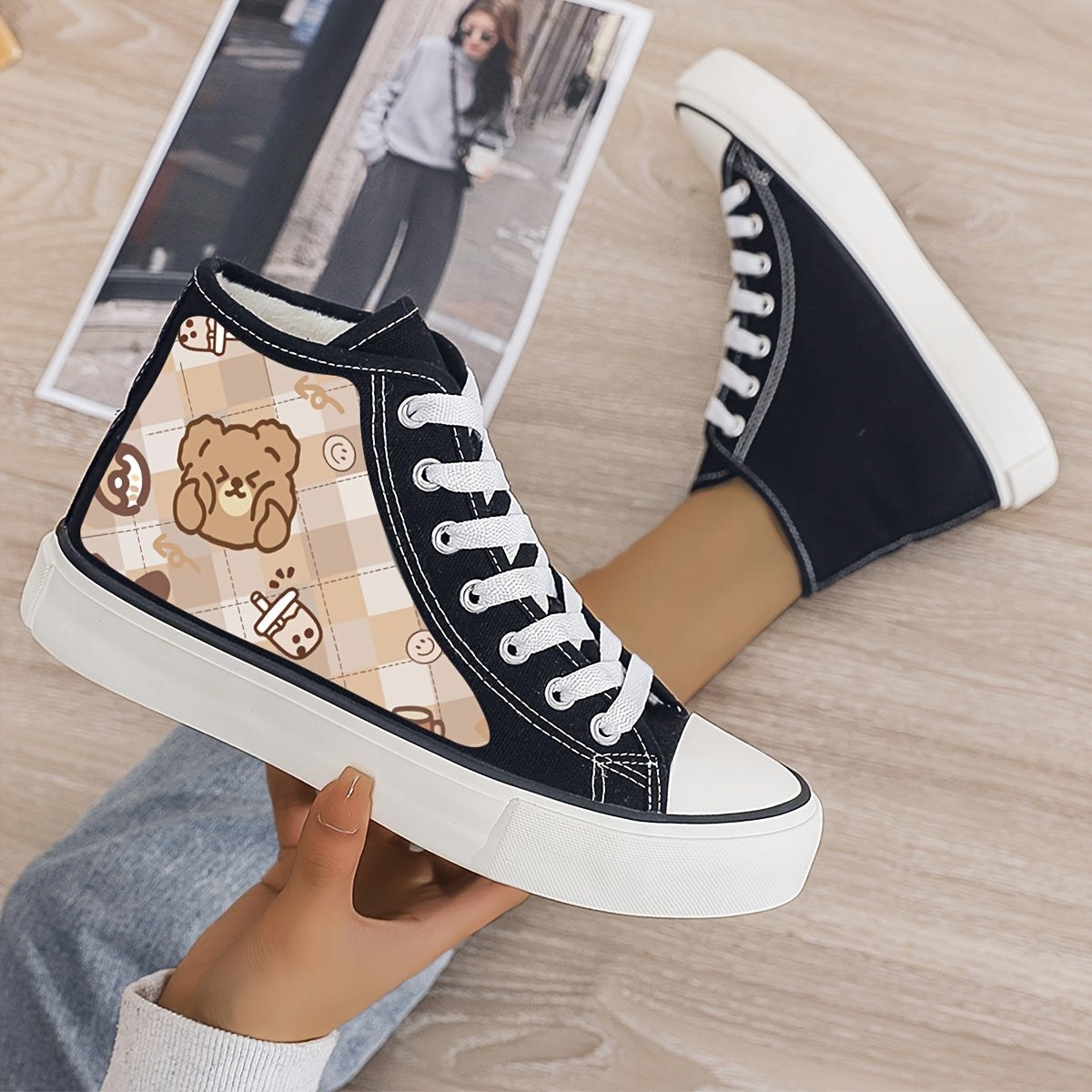 Girl's Cute Bear Pattern High Top Skate Shoes