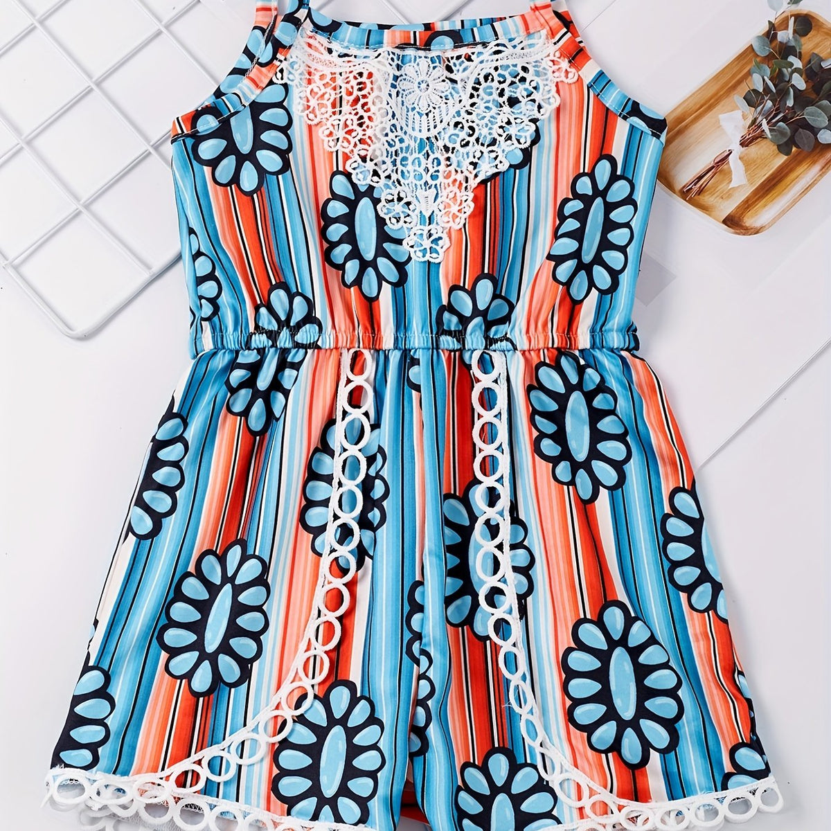 Toddler Girls Block Stripe Gemstone Cami Rompers Jumpsuits