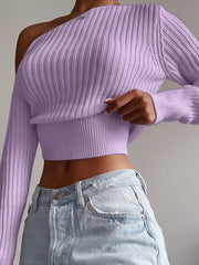 Ribbed Asymmetrical Neck Knit Crop Sweater