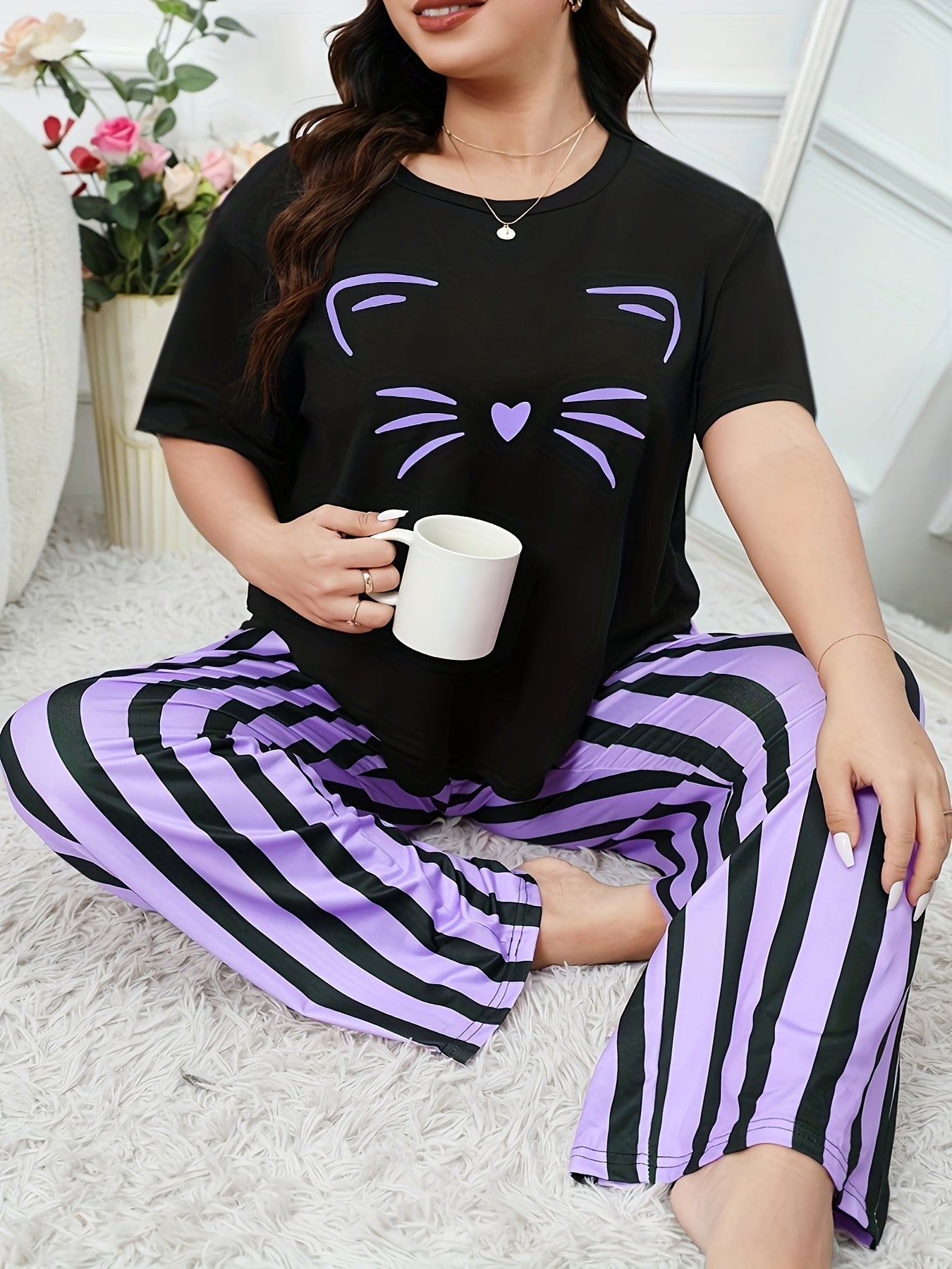  Cat Print Tee & Striped Pants Lounge Set