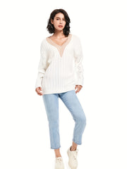  Ribbed Pointelle Applique V Neck Jumper