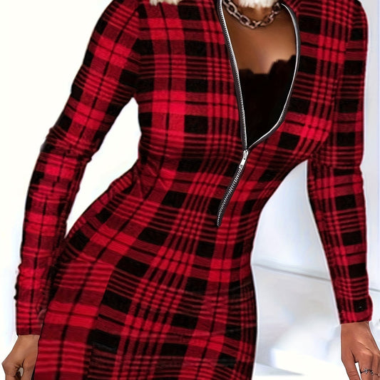  Plaid Print Long Sleeve Mock Neck Dress