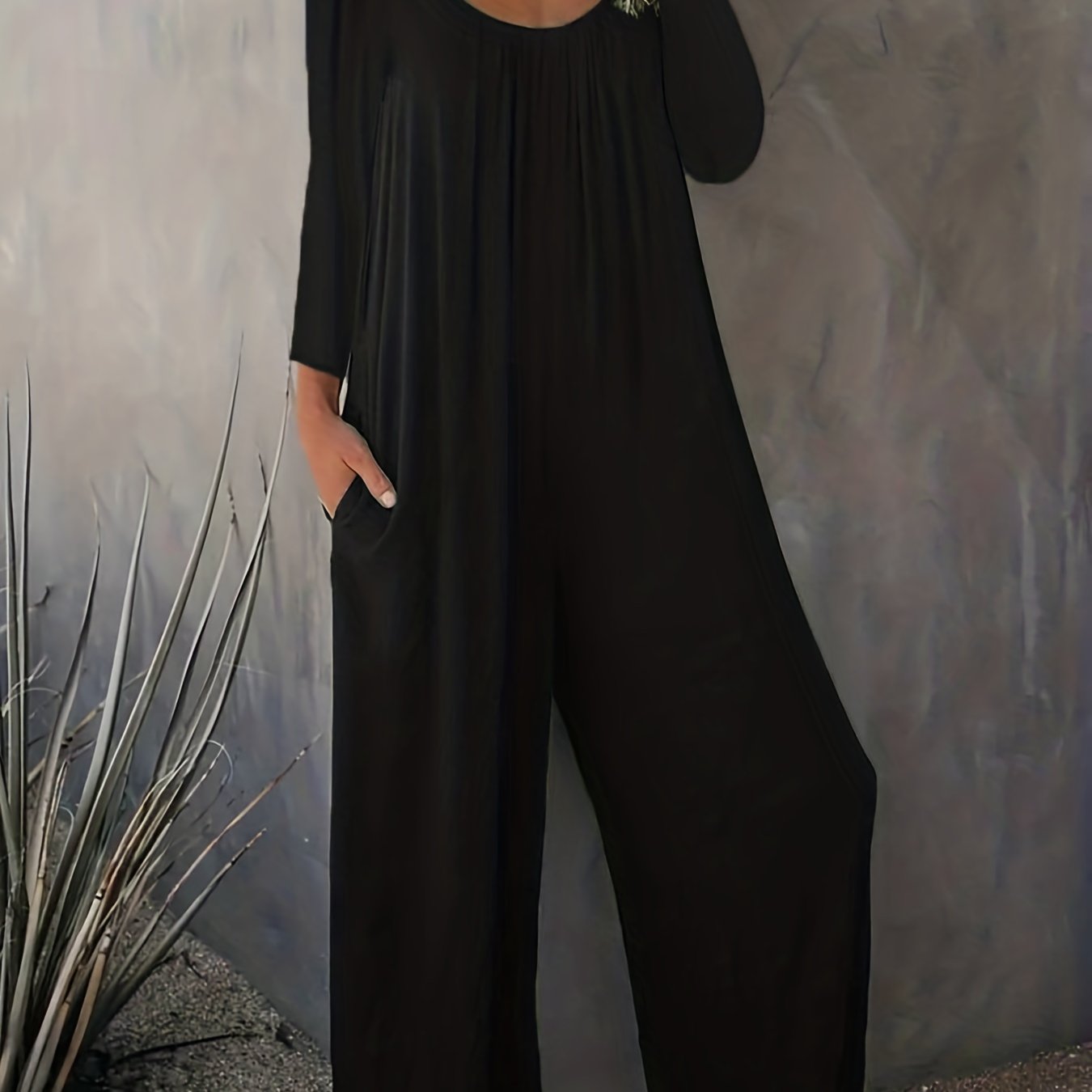  Solid Long Sleeve Round Neck Wide Leg Jumpsuit
