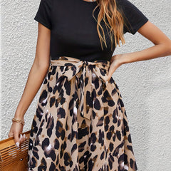 Leopard Print Short Sleeve Dress Crew Neck Belted Casual Dress