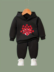 Girls 2pc Hearts Pattern Hooded Sweatshirt & Solid Sweatpants Set