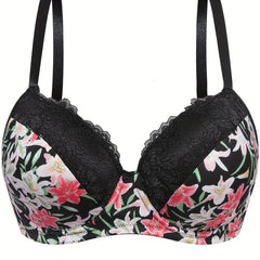  Sexy Bra Women's Plus Floral Print Lace Trim Underwire Molded Cup Bra