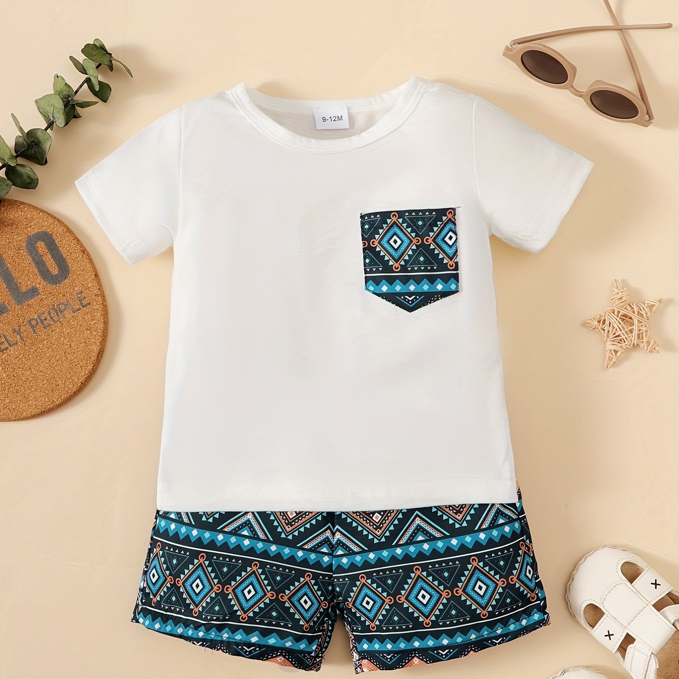2pcs Boys Casual Set Toddlers Short Sleeve T shirt & Ethnic Geometrical Graphic
