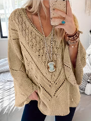 V Neck Hollow Out Solid Knit Sweater Long Sleeve