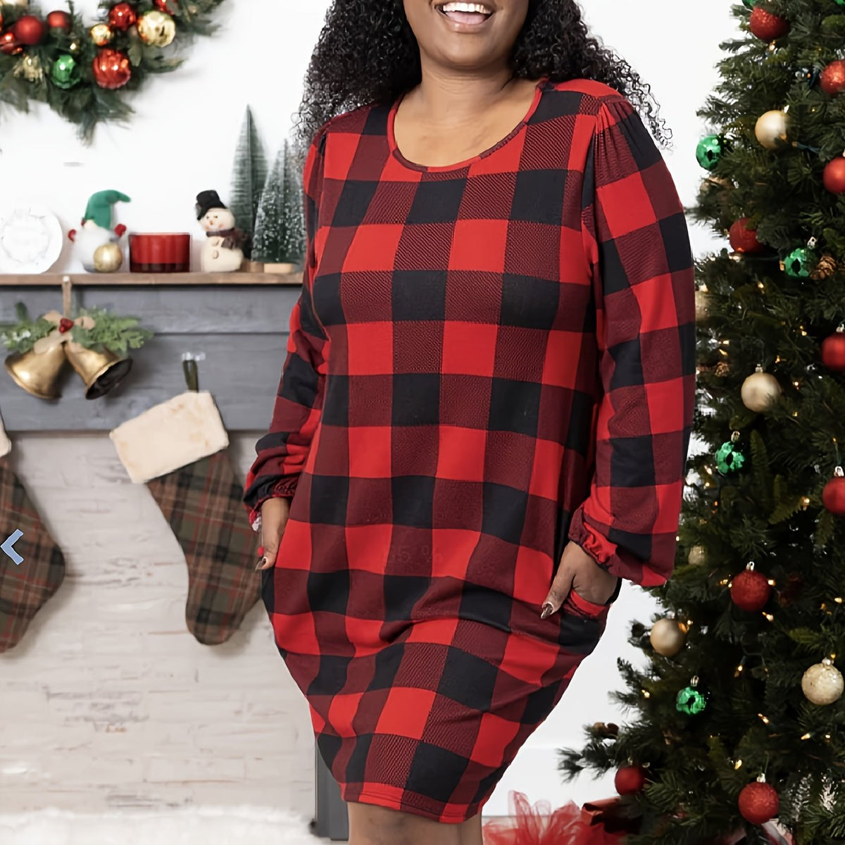 Plus Plaid Print Lantern Sleeve Round Neck Mini Midi Dress