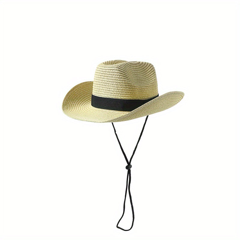 Unisex Western Cowboy Straw Hat Rolled Brim Sunscreen Sun Hat