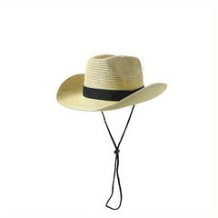 Unisex Western Cowboy Straw Hat Rolled Brim Sunscreen Sun Hat