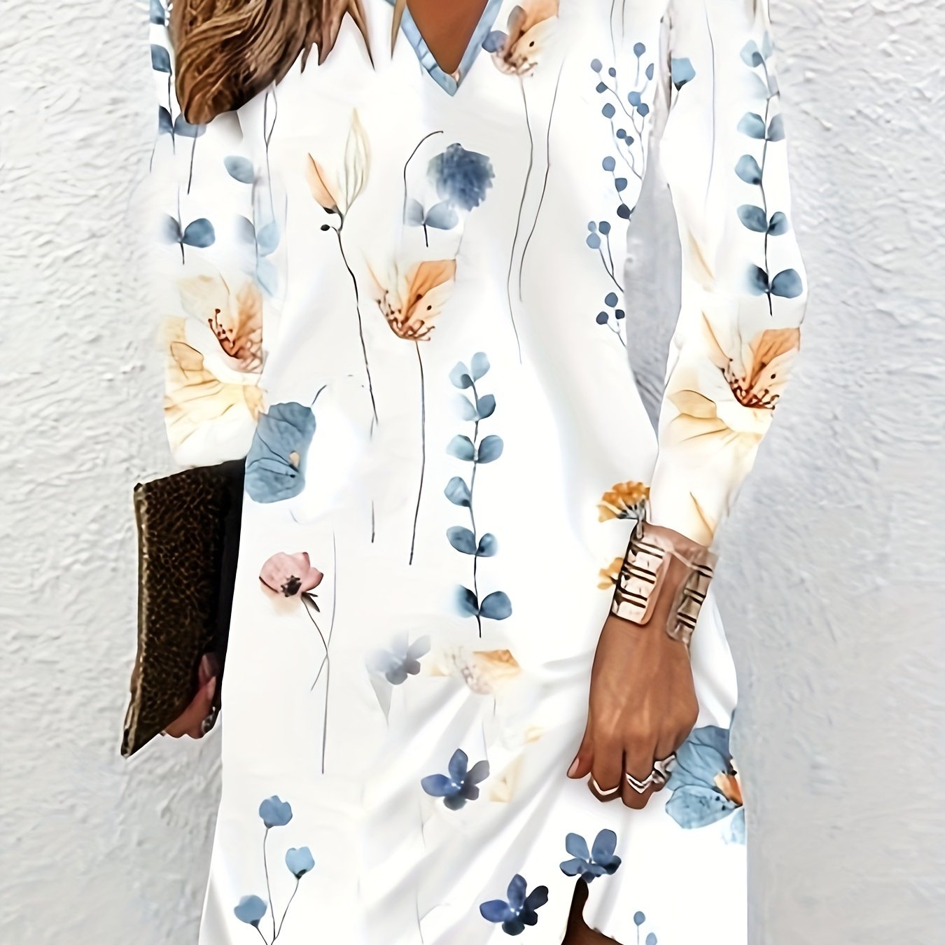  Floral Print Long Sleeve Stretch Dress