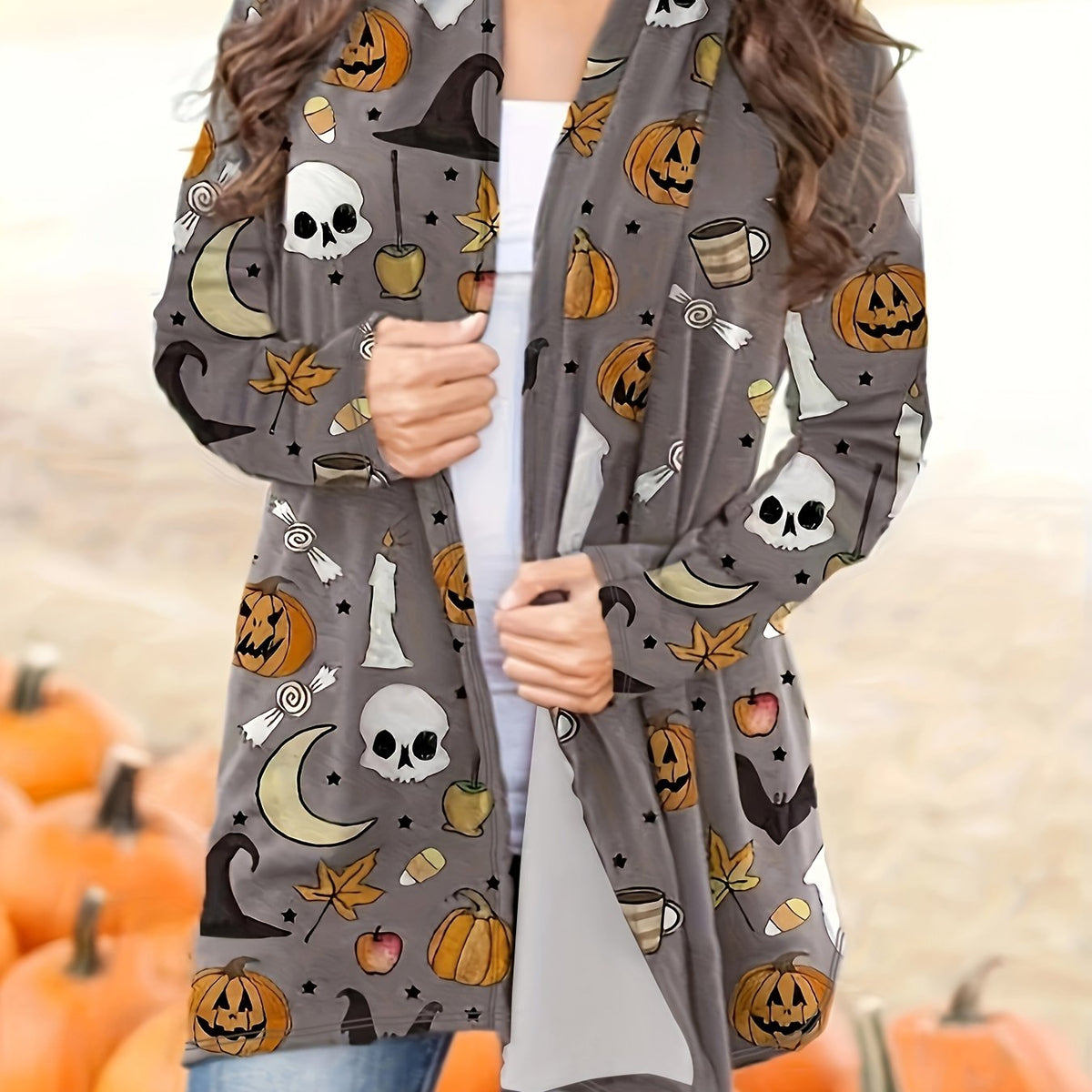  Halloween Cardigan Women's Open Front Graphic Print Long Sleeve