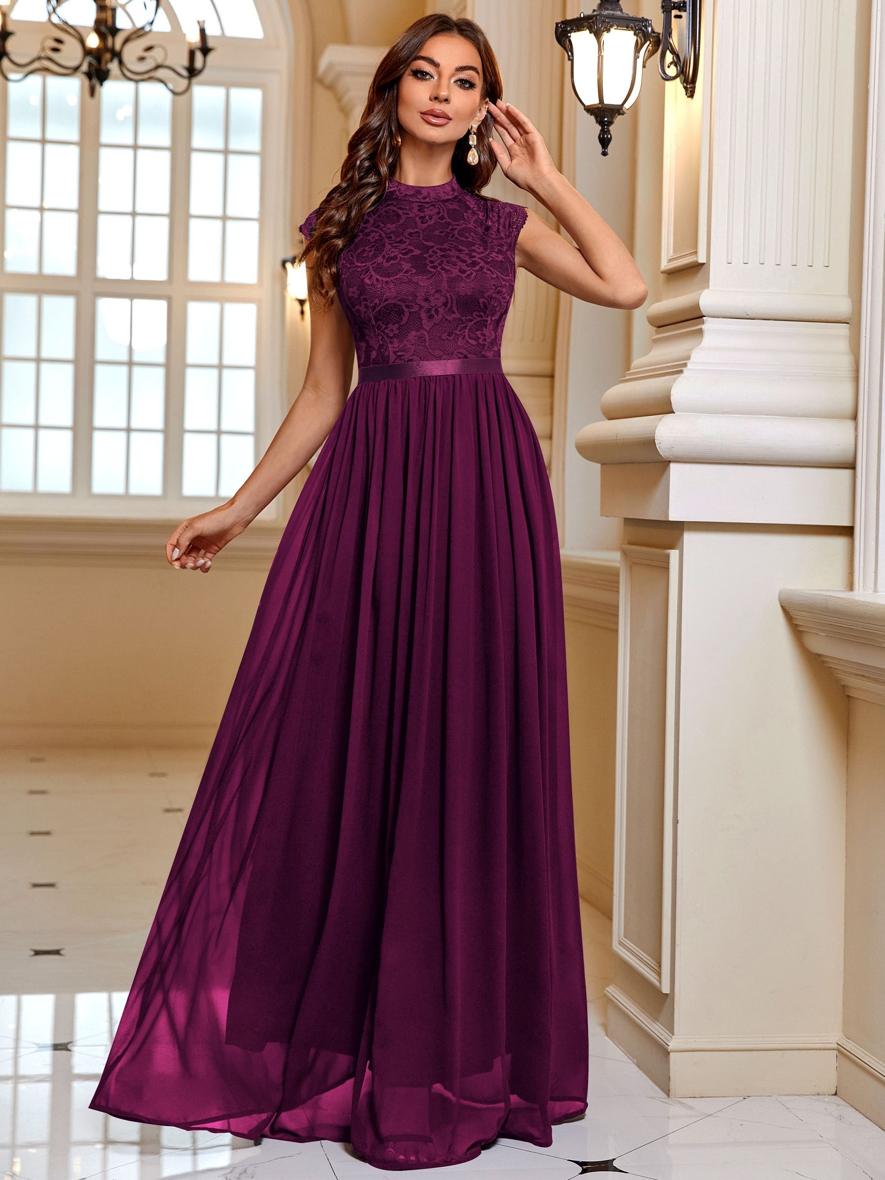 Cap Sleeve Lace Contrast Maxi Dress