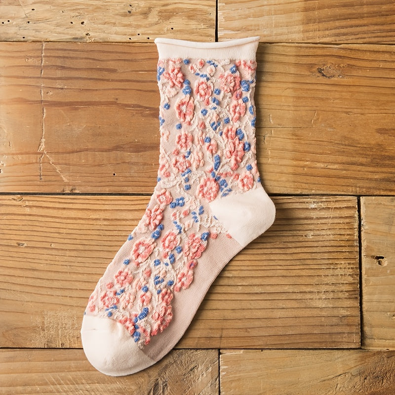 Vintage Floral Print Curling Socks - Comfy & Breathable - Women's Stockings