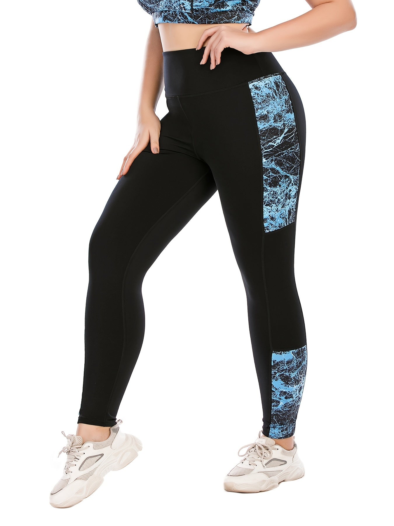  Colorblock Random Print Yoga Sports Leggings With Pocket